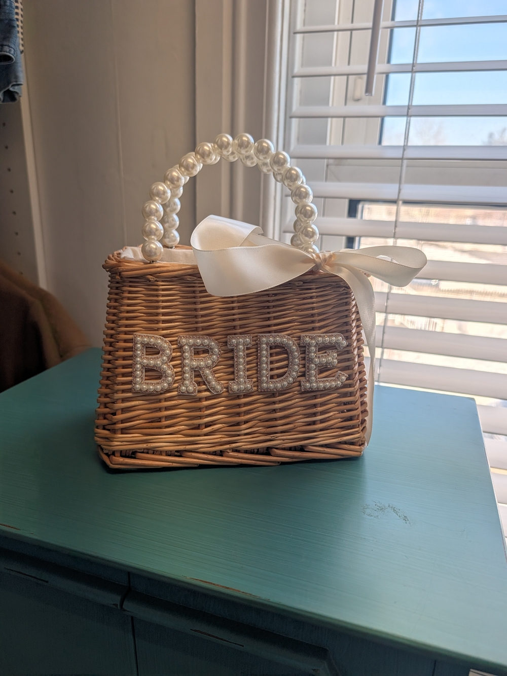 Bride Wicker Mini Bag with Pearl Handle and Ribbon